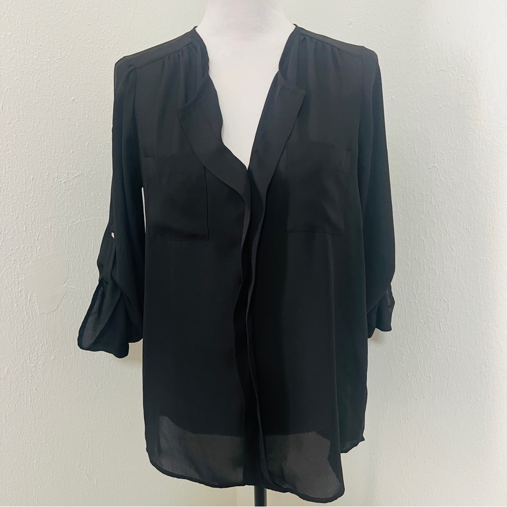 Metaphor Women’s Medium Black Elegant Blouse Hi-Lo Business EUC Translucent